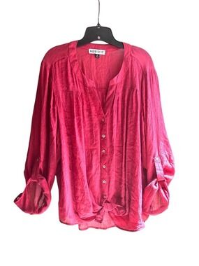 MERI SKYE Linen Look Poly/Rayon Blend V Neck Blouse with Tie Front 2X